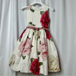 MonnaLisa Rose White Dress with Red and Pink Floral Design